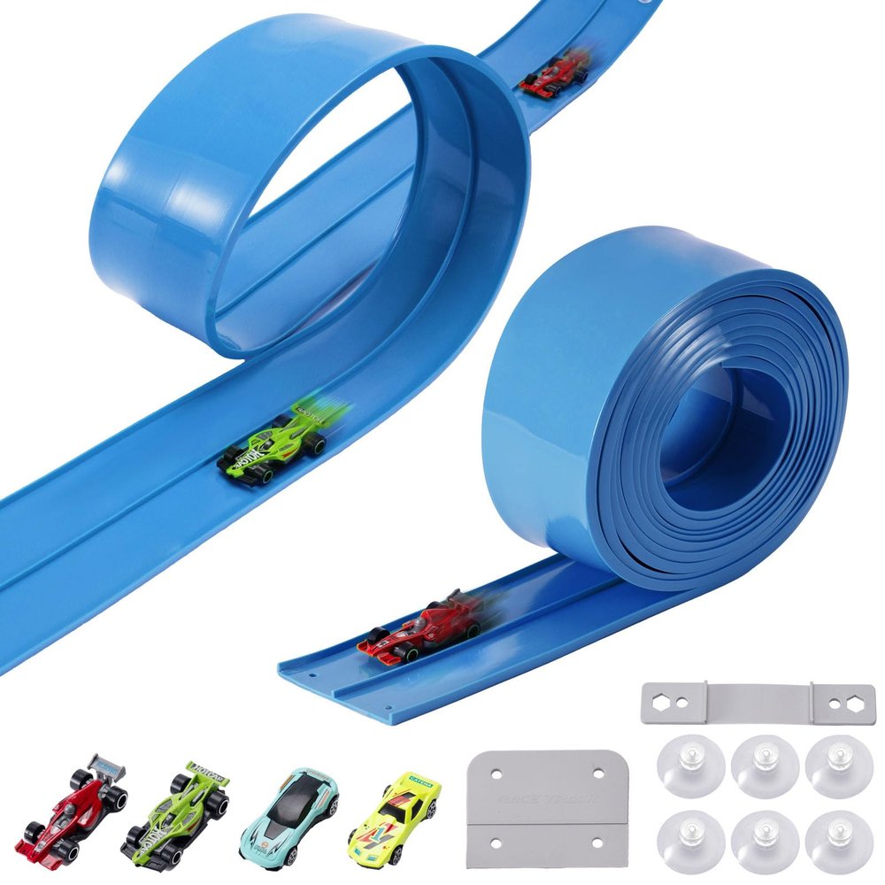 Flex Track Race Cars for Kids, Rubber Have Extra-Long 15.75ft is Customizable Race Track, with 4 Racing Cars and 6 Suction Cups, Flexible Race Track Easy to Store for Outdoor Play (Blue)