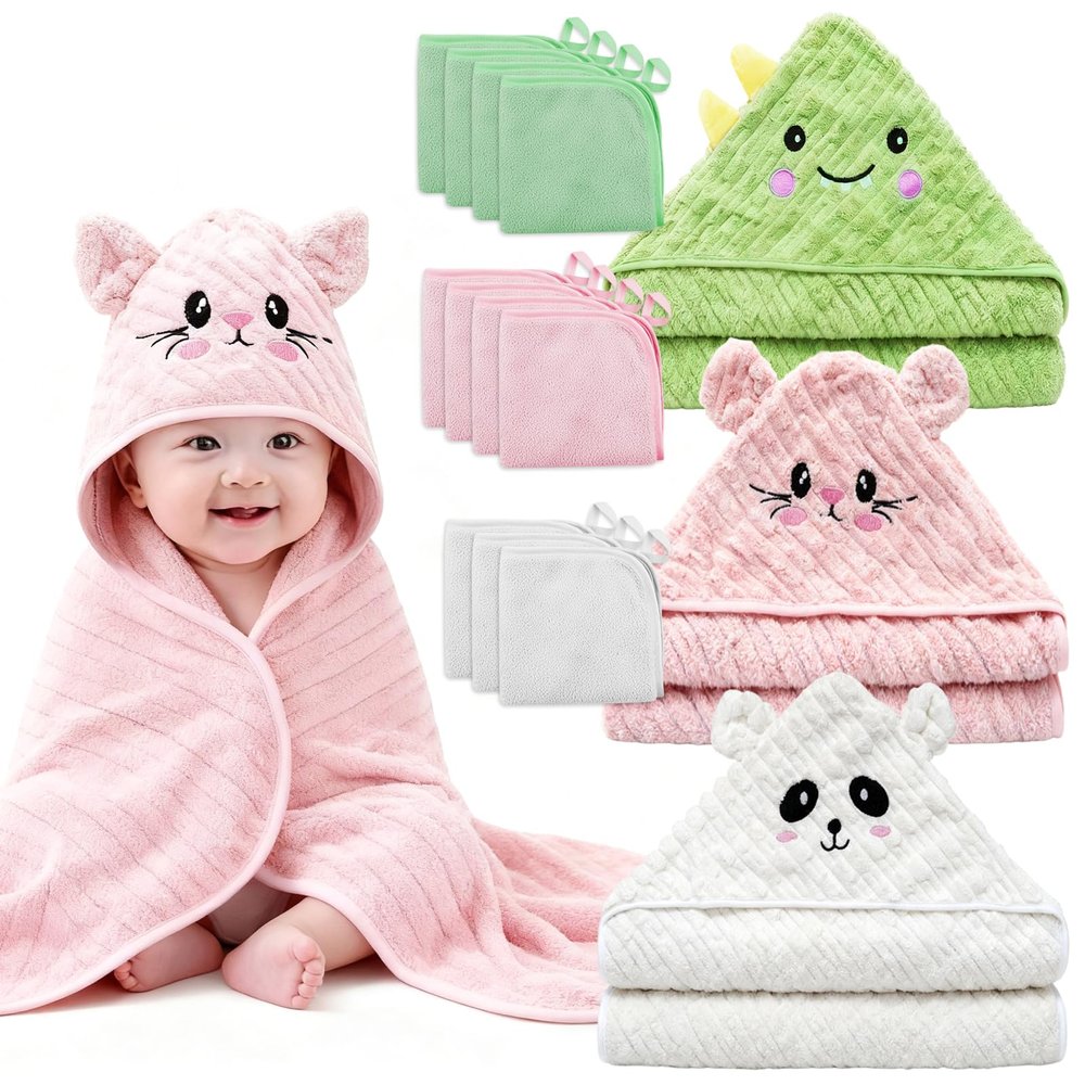 14 PCS Thicken Baby Towels Set, 3 PCS Soft Hooded Baby Towels & 11 PCS Washcloths, Baby Bath Towels for Newborns, Infants & Toddlers, Ultra Absorbent, Cute Baby Towel Gift for Girls