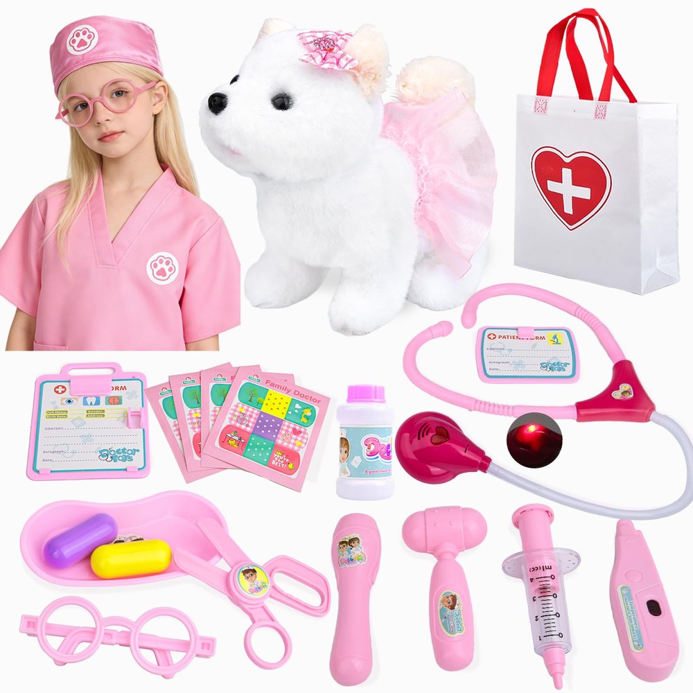 Kids Pet Doctor Kit for Toddlers, 21PCS Kids Doctor Playset with Plush Dog, Medical Toys, Stethoscope, Dress Up Costume, Carrying Bag,Christmas Birthday Gifts for Ages 3 4 5 6 7 8 Year Old Girls