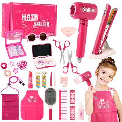 45PCS Hair Salon Toys for Girls Pretend Play Set, Kids Dress Up Beauty Kit with Barber Apron,Hair Dryer ,Curling Iron,Scissors and Styling Accessories, Birthday Gifts for Toddler Girls 3 4 5 6+