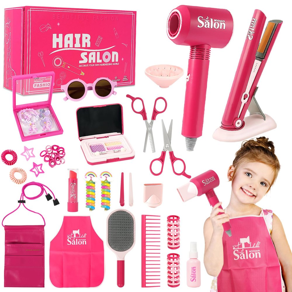 45PCS Hair Salon Toys for Girls Pretend Play Set, Kids Dress Up Beauty Kit with Barber Apron,Hair Dryer ,Curling Iron,Scissors and Styling Accessories, Birthday Gifts for Toddler Girls 3 4 5 6+