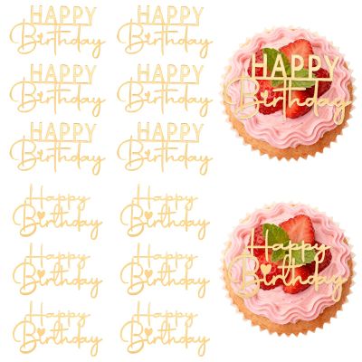 12 Pieces Happy Birthday Cupcake Toppers Gold Cupcake Toppers Glitter Cupcake Picks for Celebrating Birthday Anniversary Parties Non-Edible Acrylic Cake Decorations for Christmas Wedding