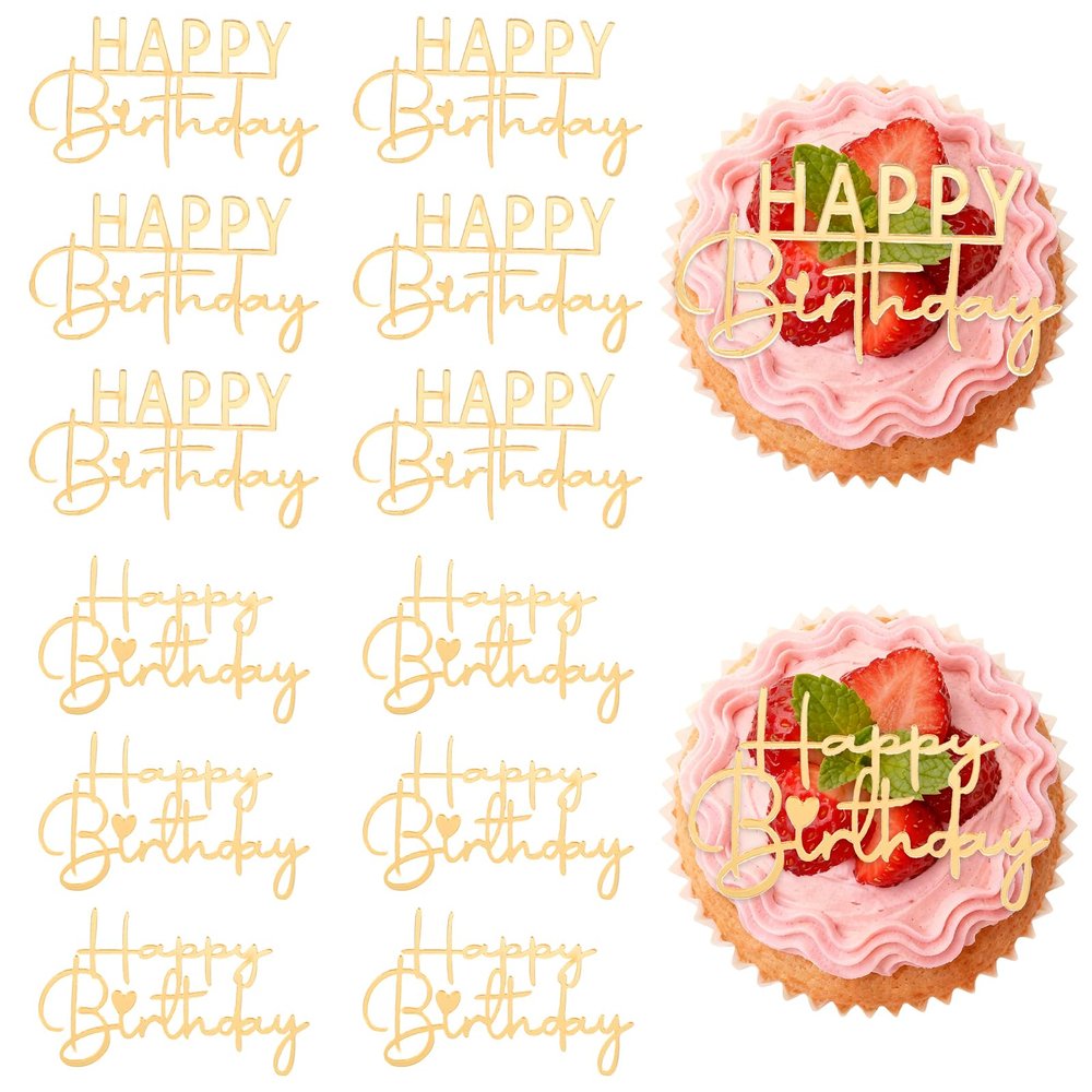 12 Pieces Happy Birthday Cupcake Toppers Gold Cupcake Toppers Glitter Cupcake Picks for Celebrating Birthday Anniversary Parties Non-Edible Acrylic Cake Decorations for Christmas Wedding