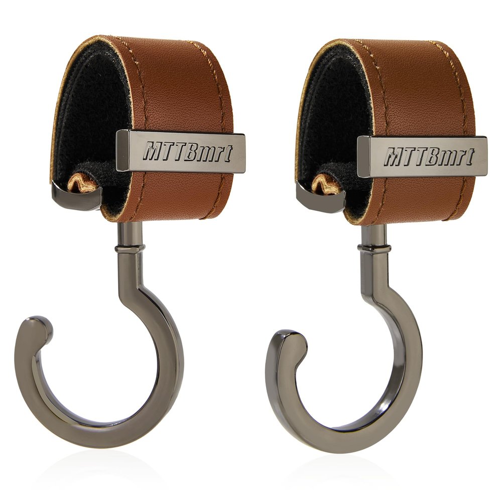 2 Pack Stroller Hooks,Strong Synthetic Leather Hook-and-Loop Fastener&High-Quality Metal Hooks,Universal Bag Clip|360 Rotation, 66lb Capacity,Non-Slip-Fits Wheelchair(Brown-Silver Gray)