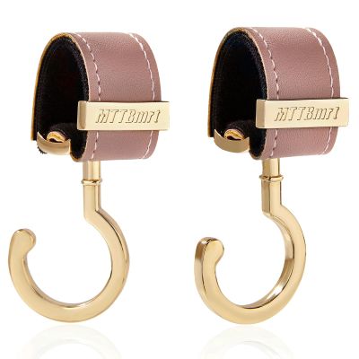2 Pack Stroller Hooks,Strong Synthetic Leather Hook-and-Loop Fastener&High-Quality Metal Hooks,Universal Bag Clip|360 Rotation, 66lb Capacity,Non-Slip-Fits Wheelchair(Pink-Gold)