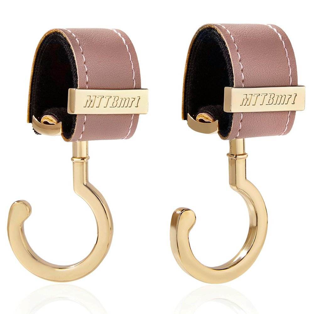 2 Pack Stroller Hooks,Strong Synthetic Leather Hook-and-Loop Fastener&High-Quality Metal Hooks,Universal Bag Clip|360 Rotation, 66lb Capacity,Non-Slip-Fits Wheelchair(Pink-Gold)