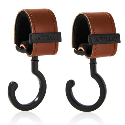 2 Pack Stroller Hooks,Strong Synthetic Leather Hook-and-Loop Fastener&High-Quality Metal Hooks,Universal Bag Clip|360 Rotation, 66lb Capacity,Non-Slip-Fits Wheelchair(Brown-Black)