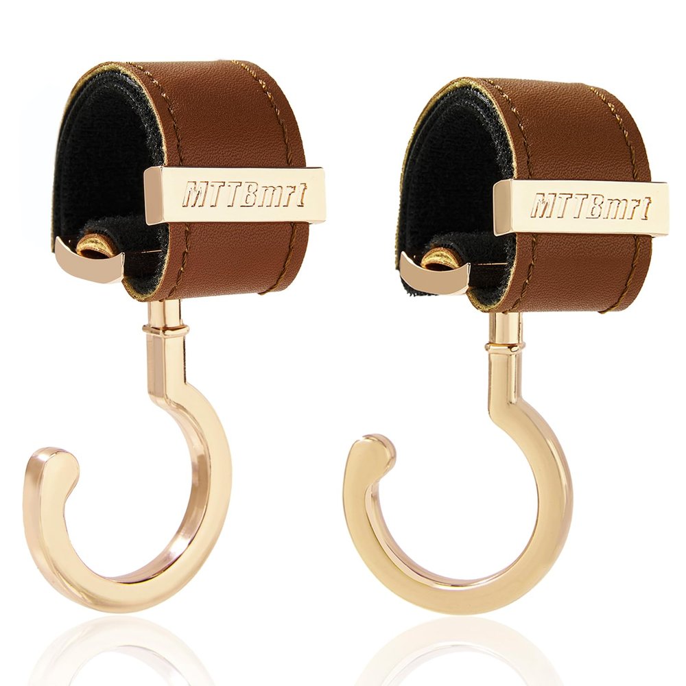 2 Pack Stroller Hooks,Strong Synthetic Leather Hook-and-Loop Fastener&High-Quality Metal Hooks,Universal Bag Clip|360 Rotation, 66lb Capacity,Non-Slip-Fits Wheelchair(Brown-Gold)