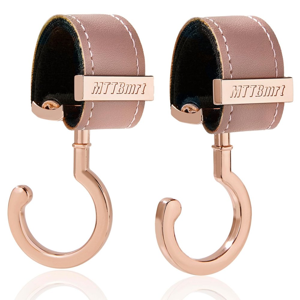 2 Pack Stroller Hooks,Strong Synthetic Leather Hook-and-Loop Fastener&High-Quality Metal Hooks,Universal Bag Clip|360 Rotation, 66lb Capacity,Non-Slip-Fits Wheelchair(Pink-Rose Gold)