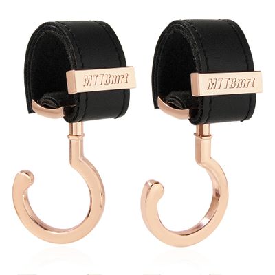 2 Pack Stroller Hooks,Strong Synthetic Leather Hook-and-Loop Fastener&High-Quality Metal Hooks,Universal Bag Clip|360 Rotation, 66lb Capacity,Non-Slip-Fits Wheelchair(Black-Rose Gold)