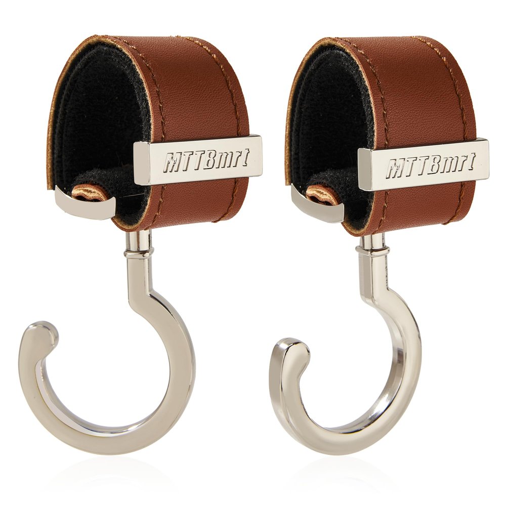 2 Pack Stroller Hooks,Strong Synthetic Leather Hook-and-Loop Fastener&High-Quality Metal Hooks,Universal Bag Clip|360 Rotation, 66lb Capacity,Non-Slip-Fits Wheelchair(Brown-Silver)