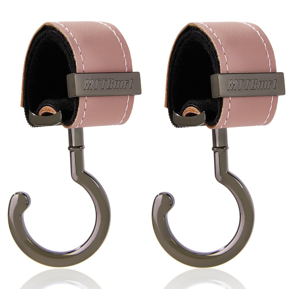 2 Pack Stroller Hooks,Strong Synthetic Leather Hook-and-Loop Fastener&High-Quality Metal Hooks,Universal Bag Clip|360 Rotation, 66lb Capacity,Non-Slip-Fits Wheelchair(Pink-Silver Gray)