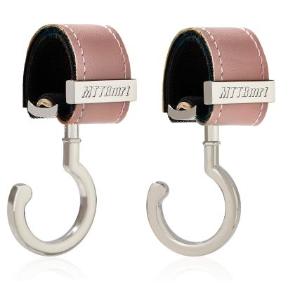 2 Pack Stroller Hooks,Strong Synthetic Leather Hook-and-Loop Fastener&High-Quality Metal Hooks,Universal Bag Clip|360 Rotation, 66lb Capacity,Non-Slip-Fits Wheelchair(Pink-Silver)