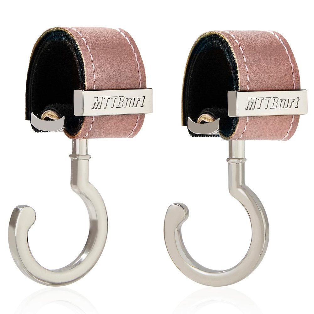 2 Pack Stroller Hooks,Strong Synthetic Leather Hook-and-Loop Fastener&High-Quality Metal Hooks,Universal Bag Clip|360 Rotation, 66lb Capacity,Non-Slip-Fits Wheelchair(Pink-Silver)