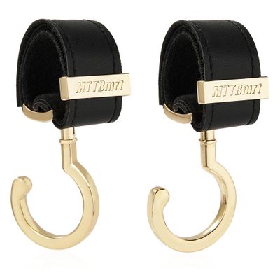 2 Pack Stroller Hooks,Strong Synthetic Leather Hook-and-Loop Fastener&High-Quality Metal Hooks,Universal Bag Clip|360 Rotation, 66lb Capacity,Non-Slip-Fits Wheelchair(Black-Gold)