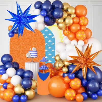 112 Pcs Blue Orange Gold Balloon Garland Arch Kit, Pentagram Print Balloons For Cartoon Themed Birthday Party Decorations Boys Girls Gatherings Party Supplies