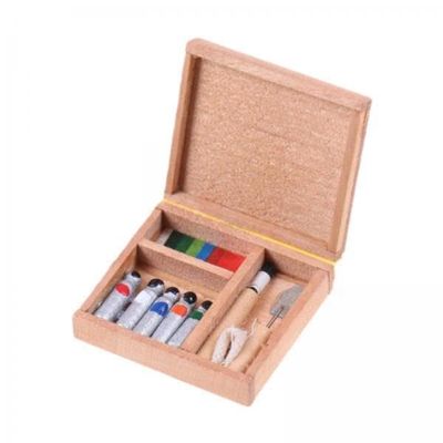 4X Miniature Dollhouse Painting Tool Set Wooden Watercolor Paint Box Accessories for Balcony Patio Furniture Scene Decoration
