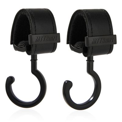 2 Pack Stroller Hooks,Strong Synthetic Leather Hook-and-Loop Fastener&High-Quality Metal Hooks,Universal Bag Clip|360 Rotation, 66lb Capacity,Non-Slip-Fits Wheelchair(Black-Black)