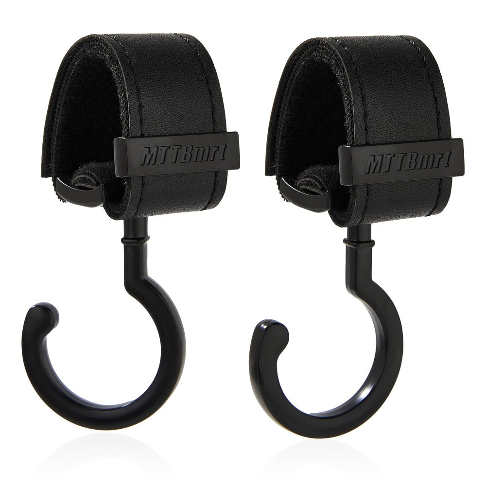 2 Pack Stroller Hooks,Strong Synthetic Leather Hook-and-Loop Fastener&High-Quality Metal Hooks,Universal Bag Clip|360 Rotation, 66lb Capacity,Non-Slip-Fits Wheelchair(Black-Black)