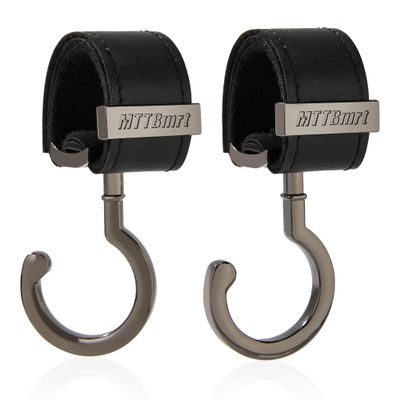 2 Pack Stroller Hooks,Strong Synthetic Leather Hook-and-Loop Fastener&High-Quality Metal Hooks,Universal Bag Clip|360 Rotation, 66lb Capacity,Non-Slip-Fits Wheelchair(Black-Silver Gray)