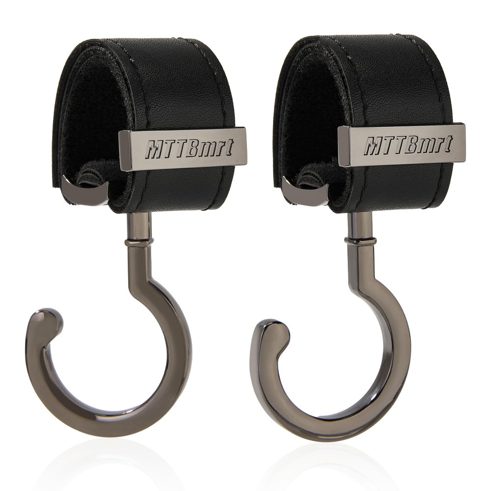 2 Pack Stroller Hooks,Strong Synthetic Leather Hook-and-Loop Fastener&High-Quality Metal Hooks,Universal Bag Clip|360 Rotation, 66lb Capacity,Non-Slip-Fits Wheelchair(Black-Silver Gray)