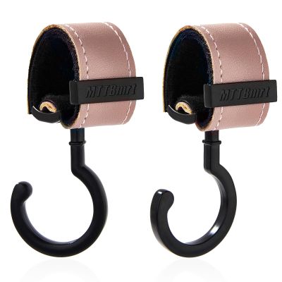 2 Pack Stroller Hooks,Strong Synthetic Leather Hook-and-Loop Fastener&High-Quality Metal Hooks,Universal Bag Clip|360 Rotation, 66lb Capacity,Non-Slip-Fits Wheelchair(Pink-Black)