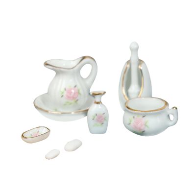 1:12 Miniature Dollhouse Bathroom Accessories Set with Pots, Cup, Flower Vase, Soap, Soap Tray, Toilet Brush and Holder, Storage Tray