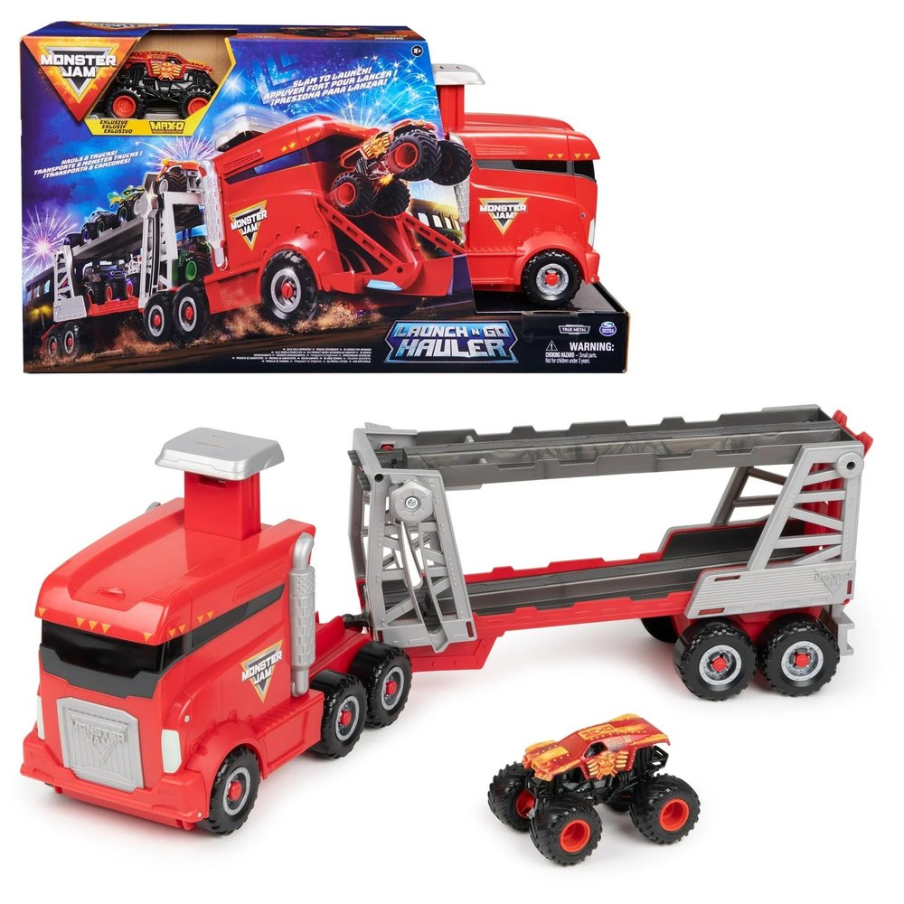 Monster Jam Launch & Go Hauler Playset with Exclusive Max-D Truck, Transports Up to 8 Monster Trucks, Slam Launch Feature, True Metal 1:64 Scale  Official Toy for Kids Ages 3+