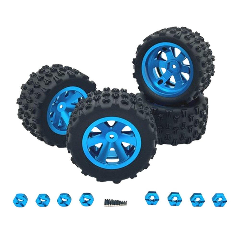 4 Pack RC Car Wheels and Rubber Tires with Wheel Hubs for 1/12 1/14 1/16 1/18 Scale Models- Blue