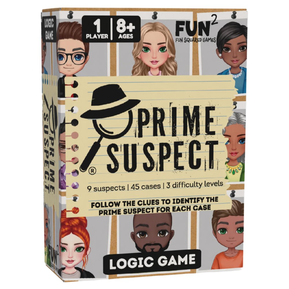 Fun Squared Games Prime Suspect  Logic Deduction Puzzle Game with 45 Case Cards | Single or Cooperative Play | Ages 8+ | Compact Travel Brain Teaser for Kids, Teens & Adults