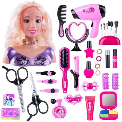 35PCS Hair Styling Doll Head Makeup Kit for Girls, Pretend Play Hair Styling Set with Hairdryer Curling Iron Hairpins Accessories Kit Birthday Gifts for 3 4 5 6+ Years Old