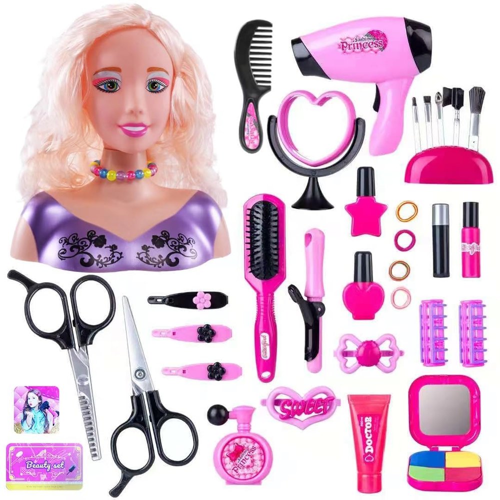 35PCS Hair Styling Doll Head Makeup Kit for Girls, Pretend Play Hair Styling Set with Hairdryer Curling Iron Hairpins Accessories Kit Birthday Gifts for 3 4 5 6+ Years Old