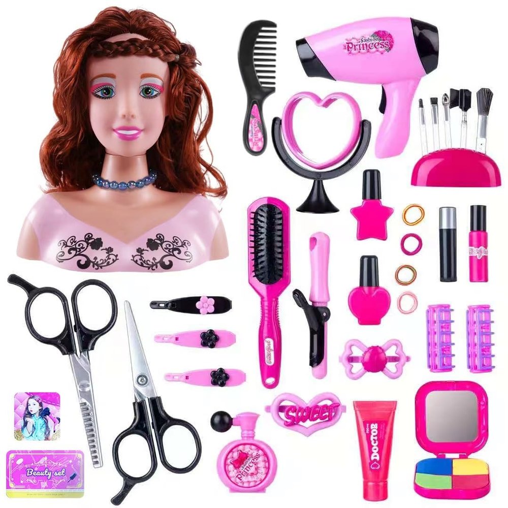 35PCS Hair Styling Doll Head Makeup Kit for Girls, Pretend Play Hair Styling Set with Hairdryer Curling Iron Hairpins Accessories Kit Birthday Gifts for 3 4 5 6+ Years Old