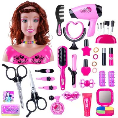 GODIYTOPPY 35PCS Hair Styling Doll Head Makeup Kit for Girls, Pretend Play Hair Styling Set with Hairdryer Curling Iron Hairpins Accessories Kit Birthday Gifts for 3 4 5 6+ Years Old