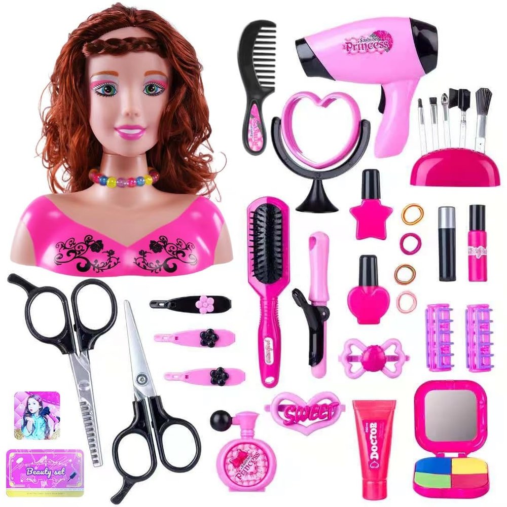 GODIYTOPPY 35PCS Hair Styling Doll Head Makeup Kit for Girls, Pretend Play Hair Styling Set with Hairdryer Curling Iron Hairpins Accessories Kit Birthday Gifts for 3 4 5 6+ Years Old