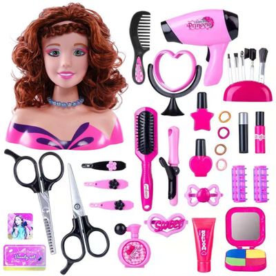 GODIYTOPPY 35PCS Hair Styling Doll Head Makeup Kit for Girls, Pretend Play Hair Styling Set with Hairdryer Curling Iron Hairpins Accessories Kit Birthday Gifts for 3 4 5 6+ Years Old