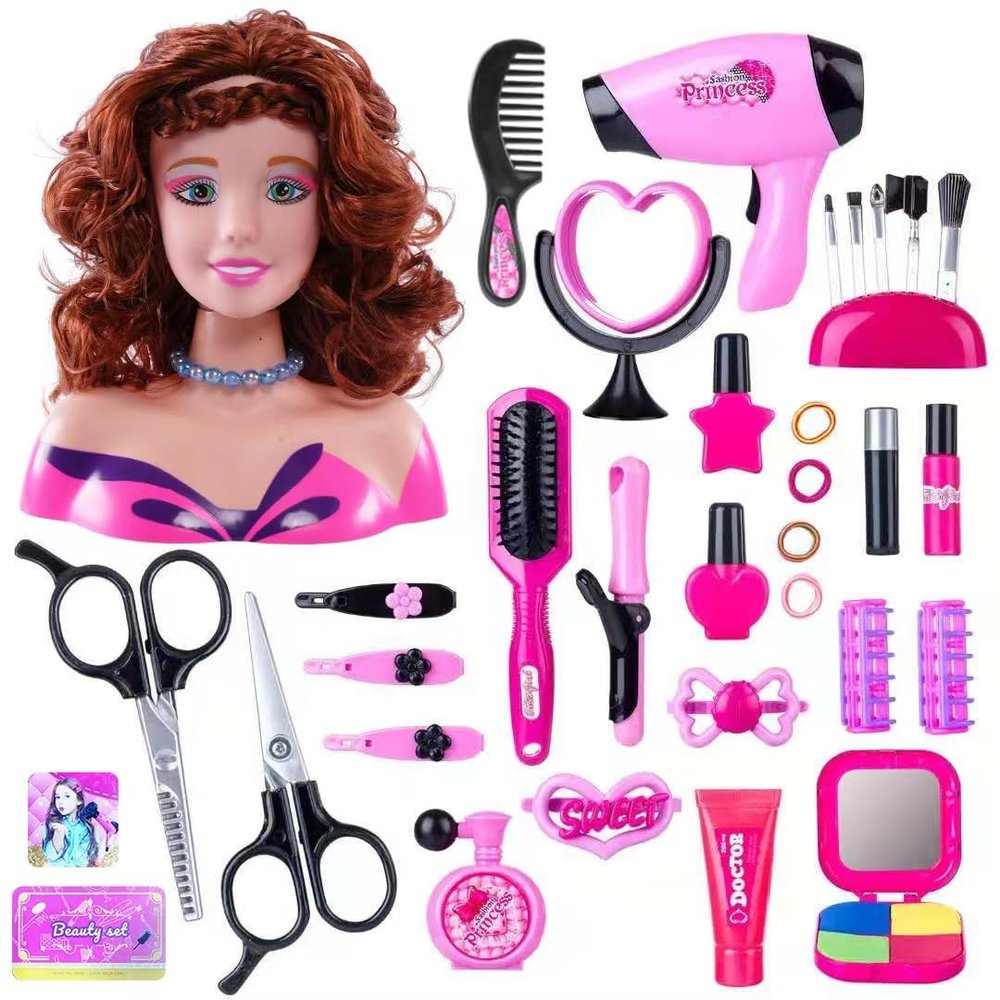 GODIYTOPPY 35PCS Hair Styling Doll Head Makeup Kit for Girls, Pretend Play Hair Styling Set with Hairdryer Curling Iron Hairpins Accessories Kit Birthday Gifts for 3 4 5 6+ Years Old