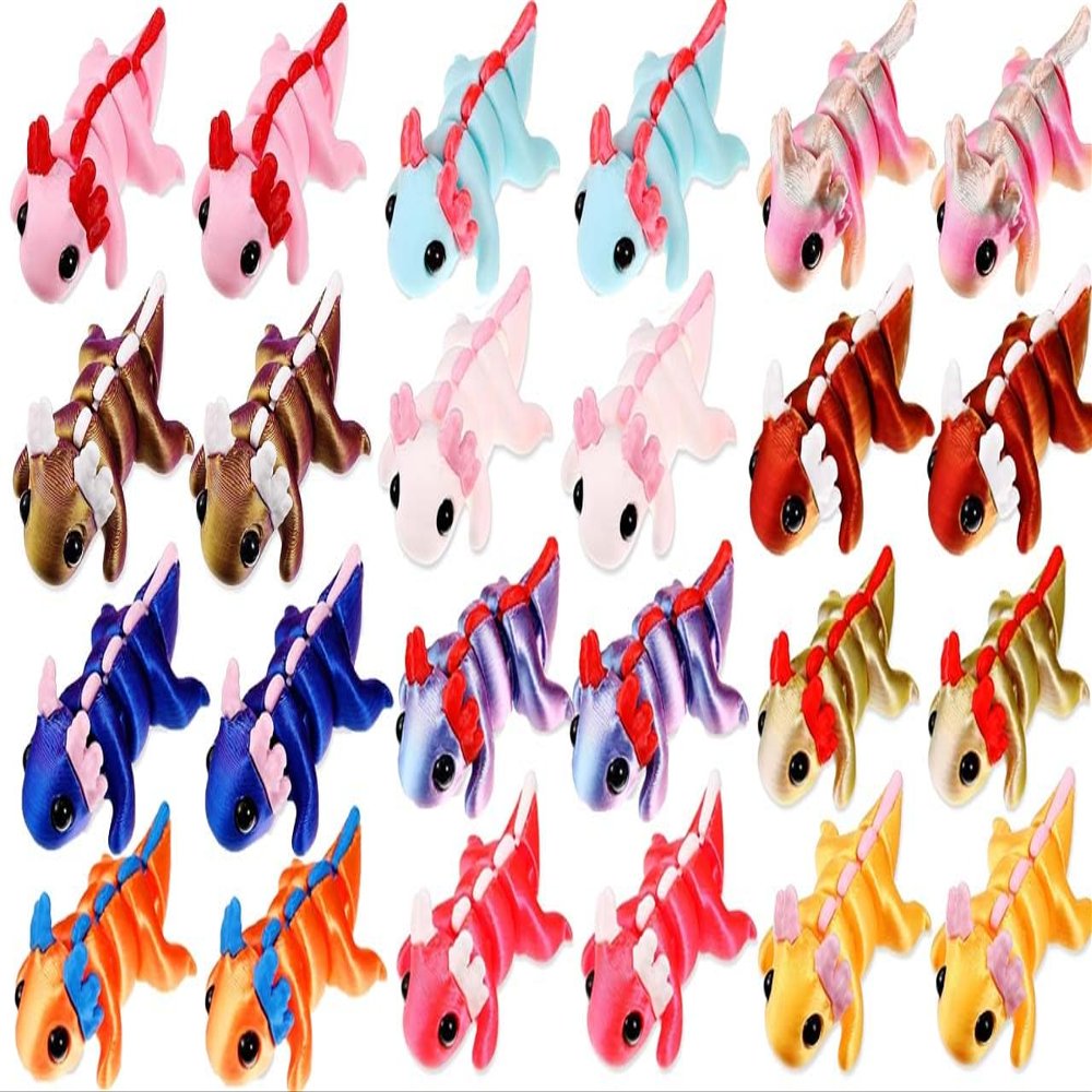24 Pcs 3D Printed Axolotl Fidget Toy 3D Printed Small Animal Toy Flexible Cute Articulating Pet Stress Relief Fidget Toys forClassroom Rewards & Desk Decor Fun Party Favors Doll