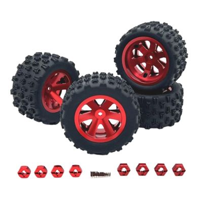 4 Pack RC Car Wheels and Rubber Tires with Wheel Hubs for 1/12 1/14 1/16 1/18 Scale Models- Red
