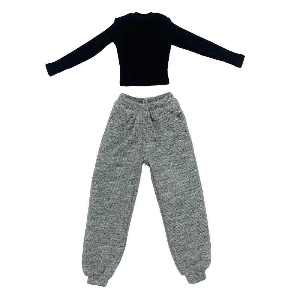 1/6 Scale Female Doll Clothes Long Sleeved Sweater and Sweatpants Costume Outfit for 12 Inch Action Figure- Gray and Black