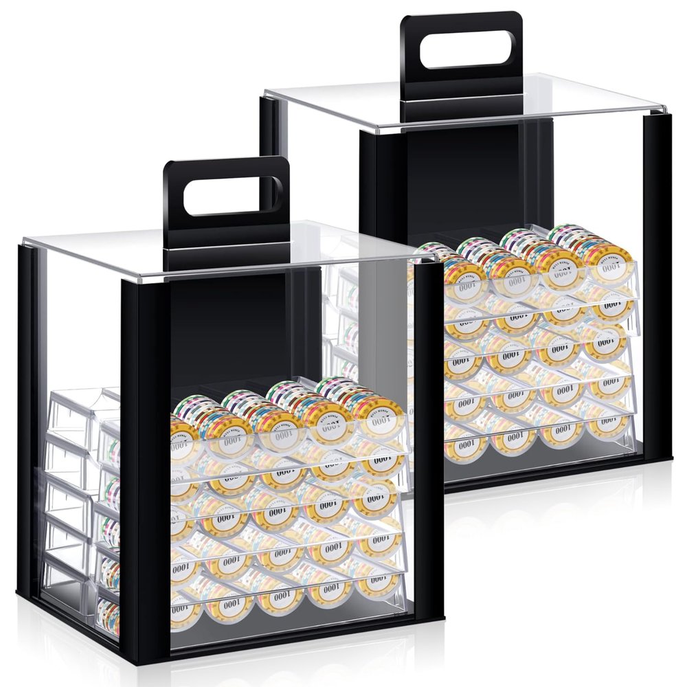 Hiboom 2 Pack Acrylic Poker Chip Case, 1000 Pcs Chips Capacity Chip Trays Set Including Carrier Acrylic Display Case and 10 Pcs Trays Racks Holder (Black)