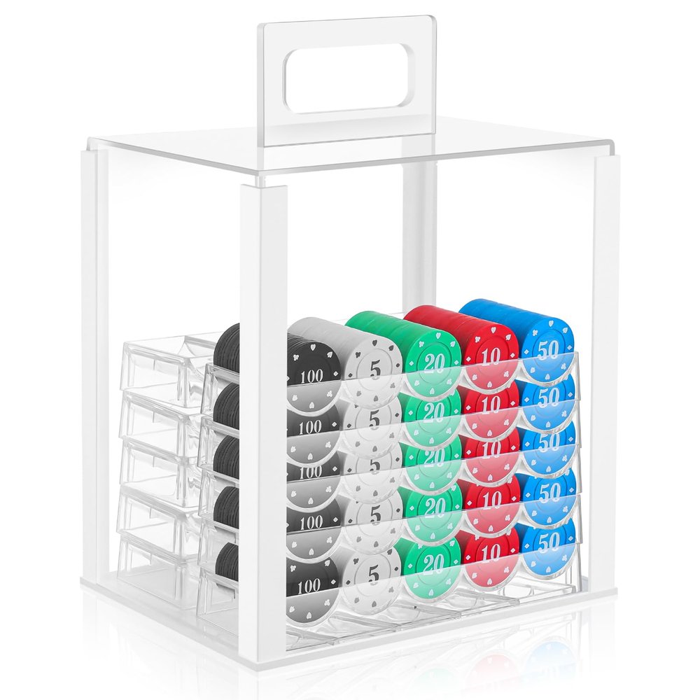 Hiboom 1 Pack Acrylic Poker Chip Case, 1000 Pcs Chips Capacity Chip Trays Set Including Carrier Acrylic Display Case and 10 Pcs Trays Racks Holder (White)