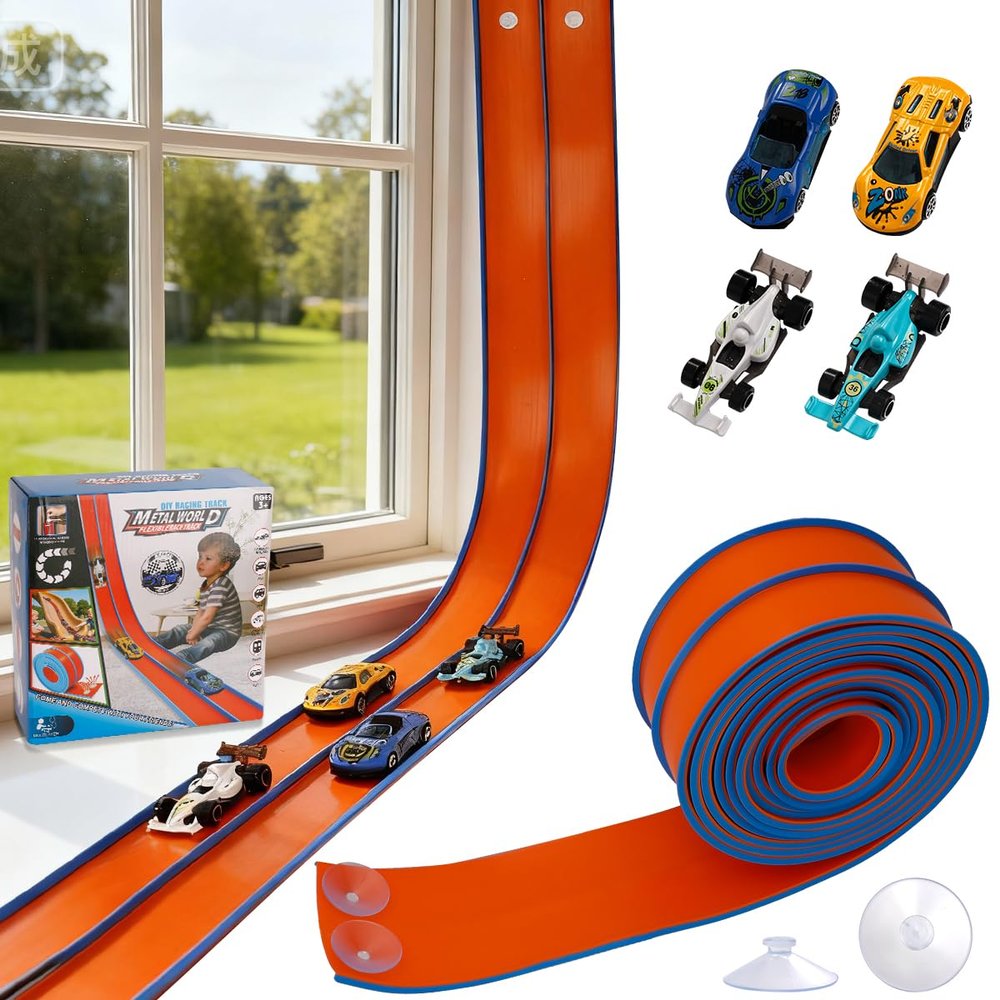 Flexible Race Car Track 15 Ft Starter Set for Kids Age 3+, Rolls Up Portable Flex Track Compatible with Diecast 1/64th Cars, Long Kids Car Ramp Toy with Suction Cups