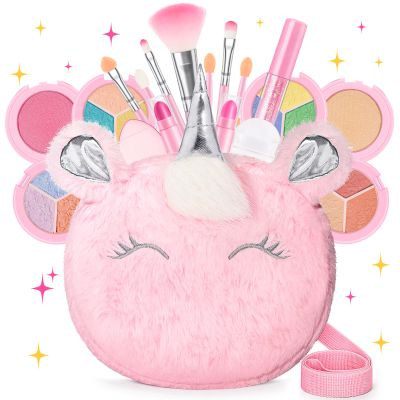 Kids Real Makeup Kit for Girls 3-10 Years Old : Washable Non Toxic Make Up Toys Easter Basket Stuffers for Toddler - 17Pcs Vanity Sets with Unicorn Purse for Kid Ages 3 4 5 6 7 8 Birthday Gift - Pink