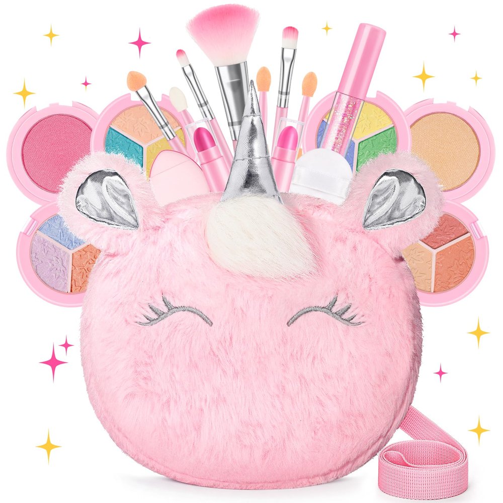 Kids Real Makeup Kit for Girls 3-10 Years Old : Washable Non Toxic Make Up Toys Easter Basket Stuffers for Toddler - 17Pcs Vanity Sets with Unicorn Purse for Kid Ages 3 4 5 6 7 8 Birthday Gift - Pink
