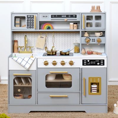 Wooden Play Kitchen for Kids Pretend Play Kitchen Set with Realistic Stove, Sink, Coffee Maker, Ice Maker, Toy Kitchen Toddlers Ages 3+