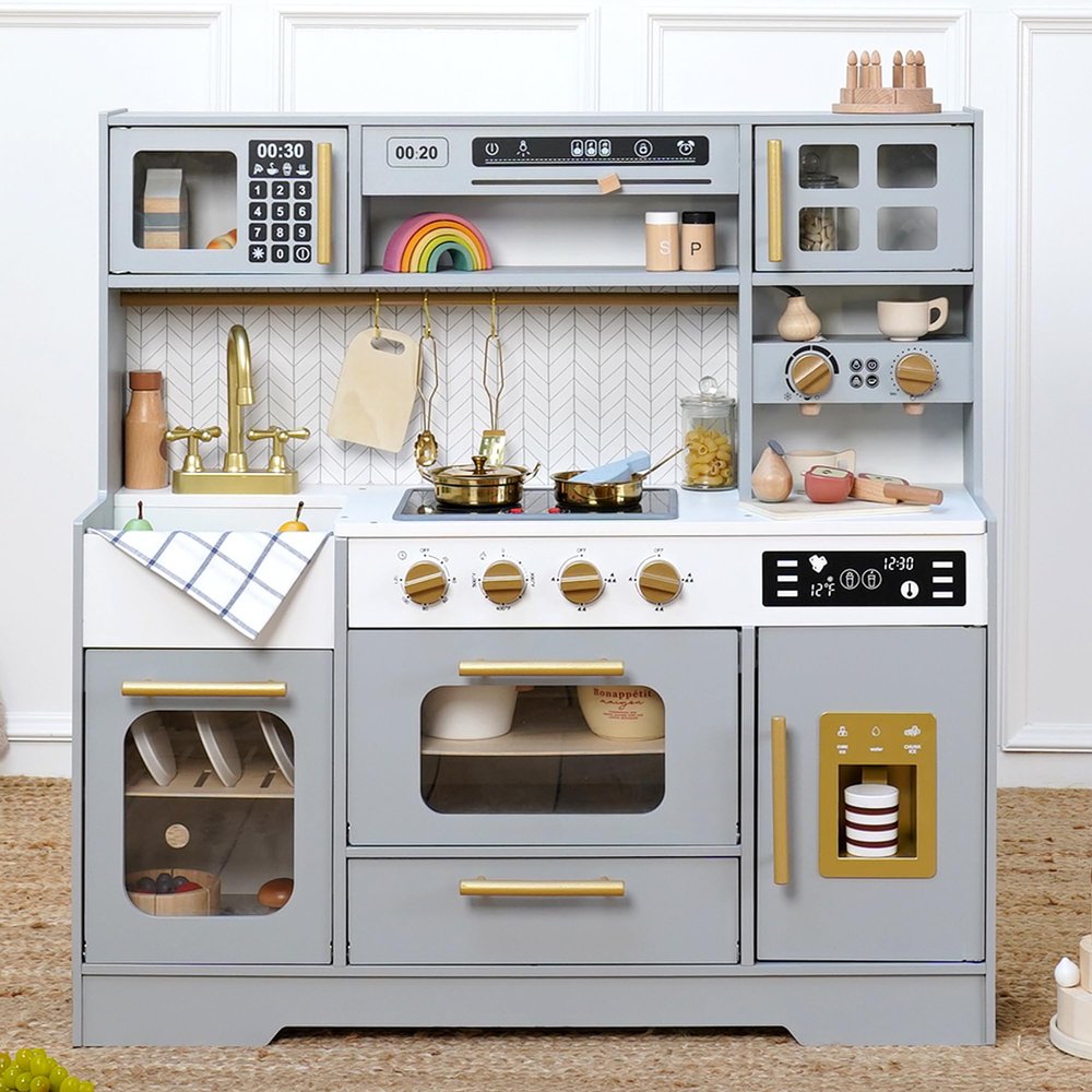 Wooden Play Kitchen for Kids Pretend Play Kitchen Set with Realistic Stove, Sink, Coffee Maker, Ice Maker, Toy Kitchen Toddlers Ages 3+
