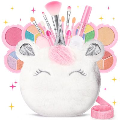 Kids Real Makeup Kit for Girls 3-10 Years Old : Washable Non Toxic Make Up Toys for Toddler Valentines Day Gifts - 17Pcs Vanity Sets with Unicorn Purse for Kid Ages 3 4 5 6 7 8 Birthday Gift - White