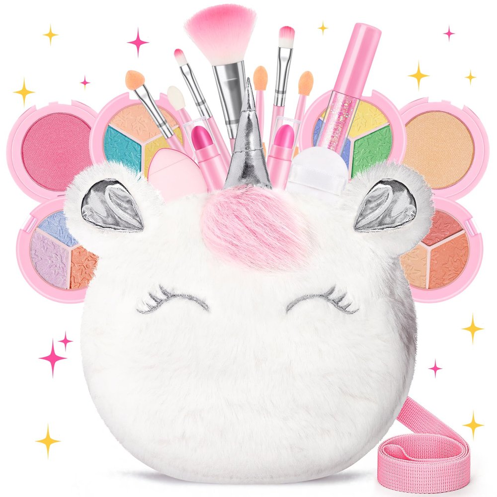 Kids Real Makeup Kit for Girls 3-10 Years Old : Washable Non Toxic Make Up Toys for Toddler Valentines Day Gifts - 17Pcs Vanity Sets with Unicorn Purse for Kid Ages 3 4 5 6 7 8 Birthday Gift - White
