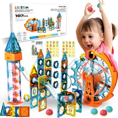Motorized Marble Run Set  107-Piece Magnetic Tile Building Toy with Ferris Wheel & Elevator, STEM Marble Maze Game for Kids Ages 6-12, Educational Gift with Lights & Music